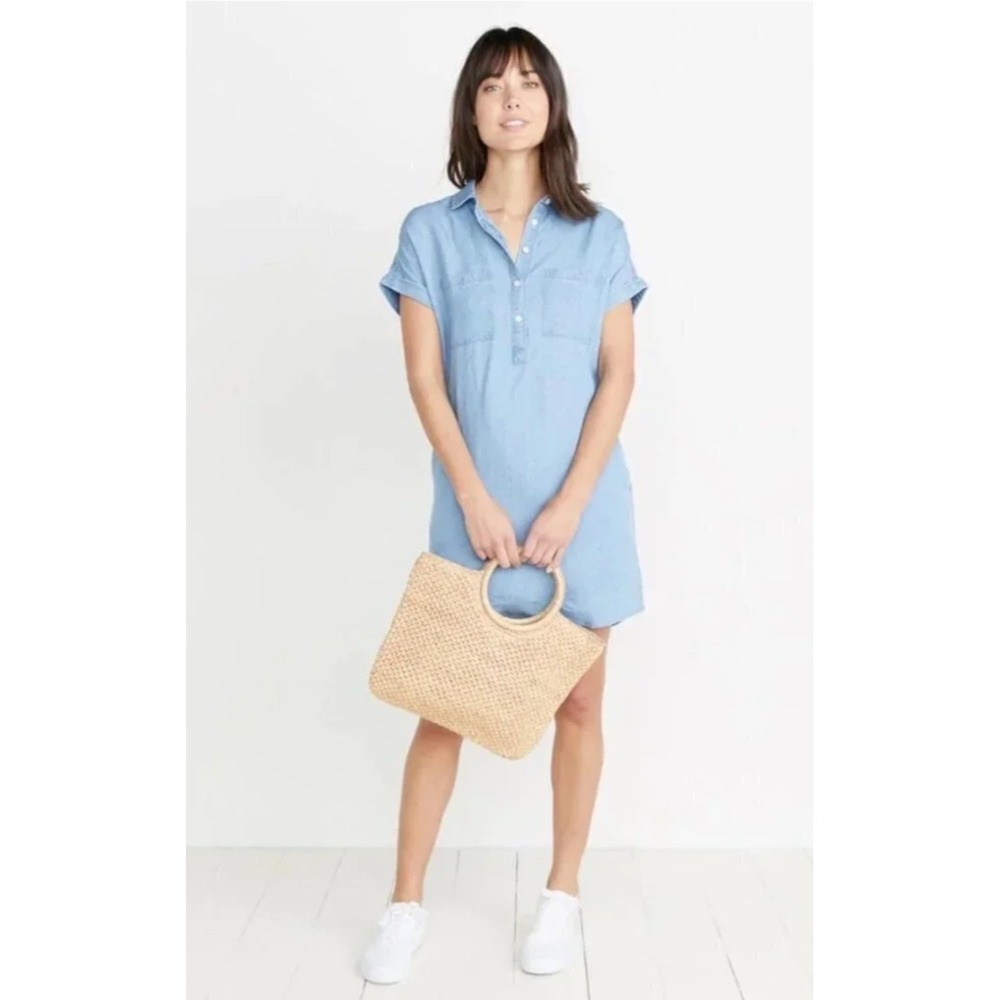 Marine Layer Chambray Denim Shirt Dress Blue Polka Dot Tencel Linen Blend Small